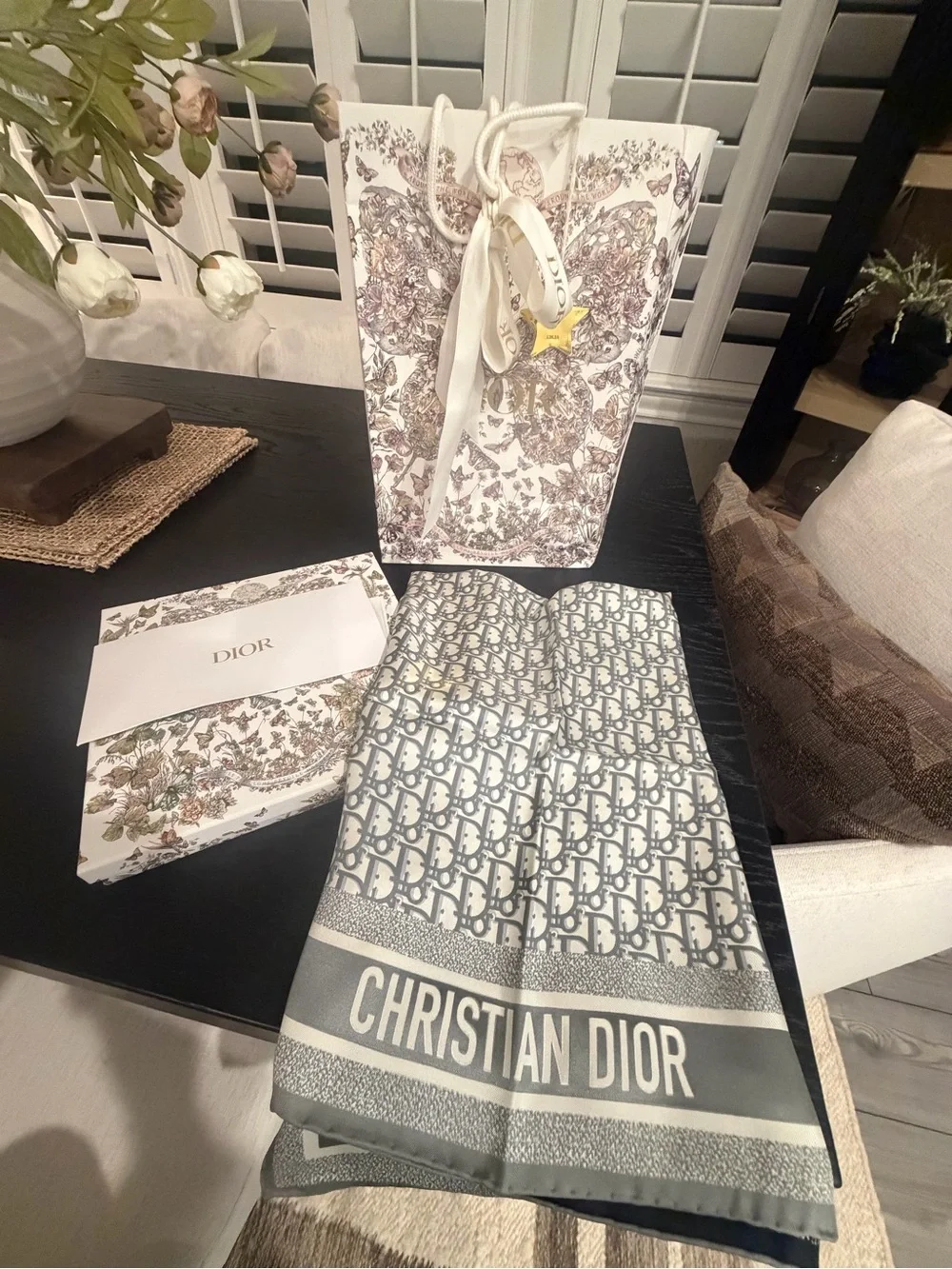 Dior Gray and White Reversable Christian Dior Oblique Diortwin 90 Square scarf